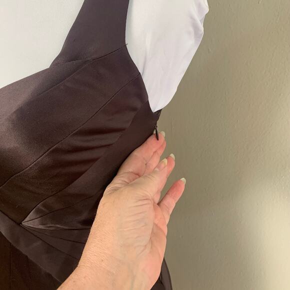 Vintage Y2K Stretch Satin Mini Cocktail Dress Chocolate Brown Formal Flattering - Picture 7 of 13